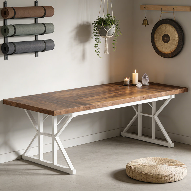 Rectangular Computer Desk With Wood Brown Top And White Metal Base For Home Office, Brown/White