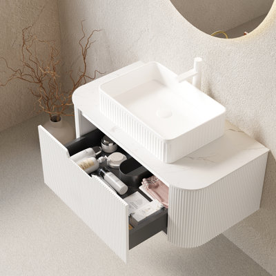 36" Bathroom Vanity Featuring Modern Floating Style And White Rectangle Ceramic Basin, Sintered Stone, 3D Striped Plywood Drawer, Easy Setup Soft - Closing Drawer With Style, Cabinet, Close Slides,