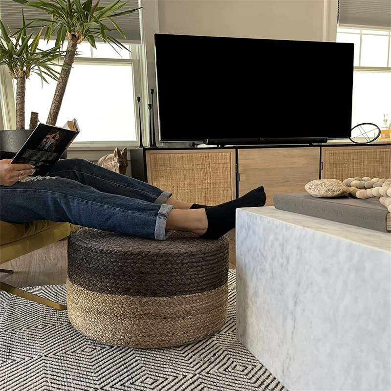 Gray and Beige Handwoven Jute Round Pouf Ottoman
