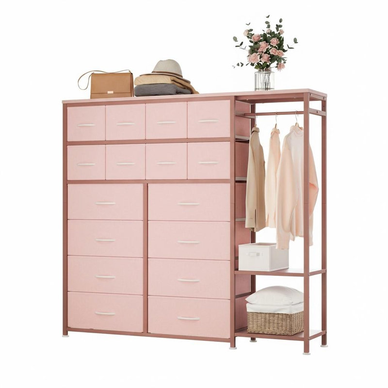 51 inch Brown Clothes Rack with 16 Fabric Drawers & 2 Storage Shelves Freestanding Closet Organizer for Hanging Clothes Heavy Duty Garment Rack