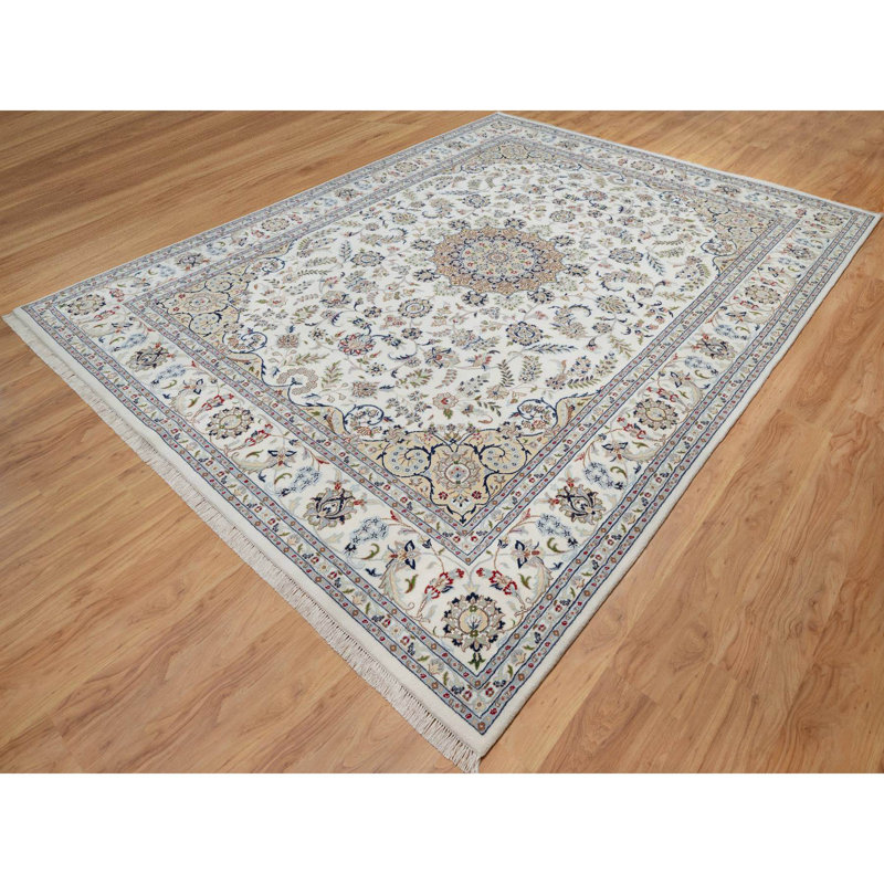 Tapis oriental blanc en coton 8 pi 10 po x 12 pi 4 po Nain avec motif de fleurs centrales, 250 KPSI