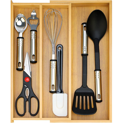 Organisateur de tiroir de cuisine extensible en bambou, plateau à ustensiles réglable pour ustensiles de cuisine