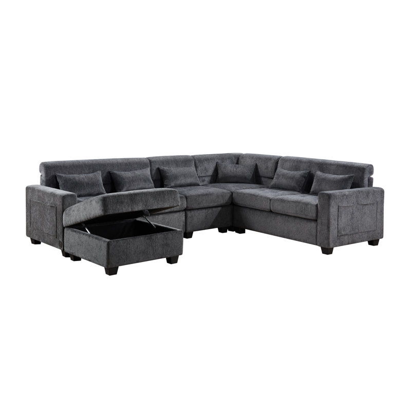 Canapé d'angle Trey 115"W en chenille grise avec dossier réglable, ports de chargement USB, poches sur les accoudoirs, pouf de rangement et coussins décoratifs