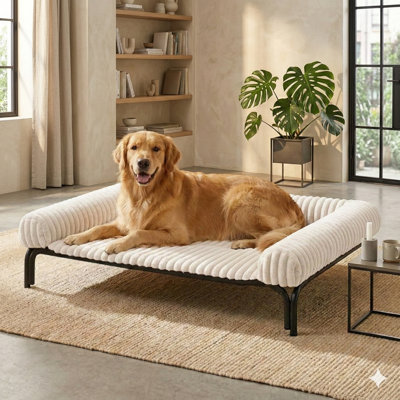 Lit surÃ©levÃ© pour chien avec coussin moelleux amovible, lit surÃ©levÃ© pour animal de compagnie avec coussin lavable, peut servir de canapÃ© ou de divan pour chien, muni de pieds antidÃ©rapants, dimensions : 109 cm x 81 cm, couleur : crÃ¨me