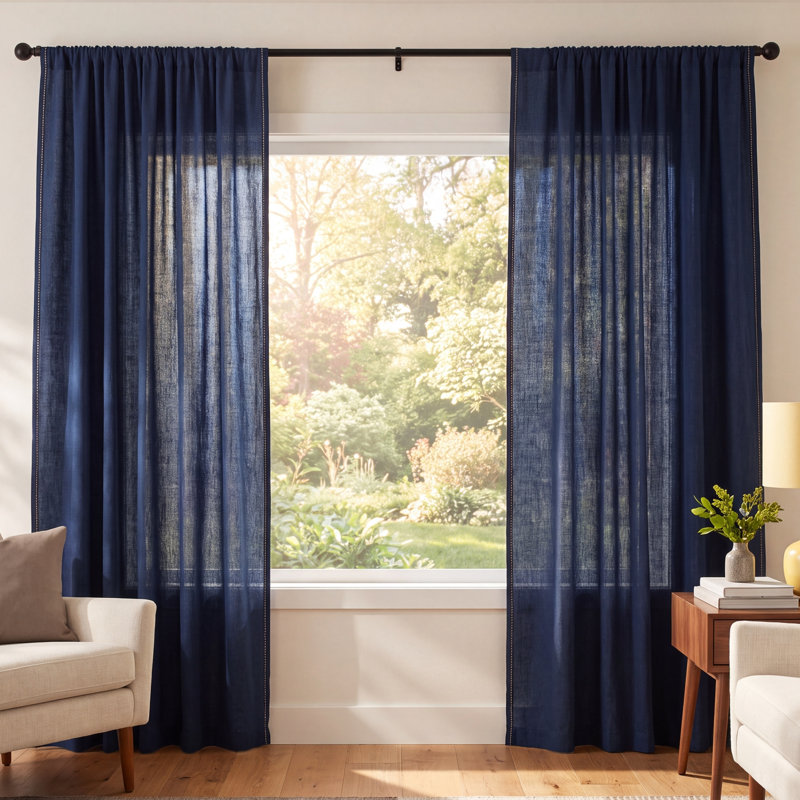Brian Semi-Sheer Linen Curtain Panel, Indigo, 50" W x 96" L