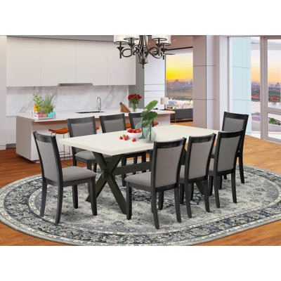 9 Piece Dining Table Set Includes a Rectangle Dining Room Table with X-Legs and 8 Dark Gotham Grey Linen Fabric Parsons Chairs, Wire Brushed Black Finish