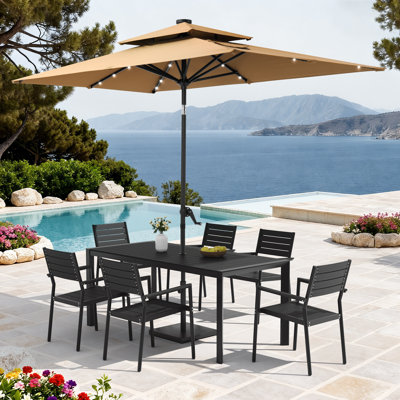 6-Person Aluminum Outdoor Dining Set with Stacking Chairs, Solar LED Light Umbrella and Weighted Base