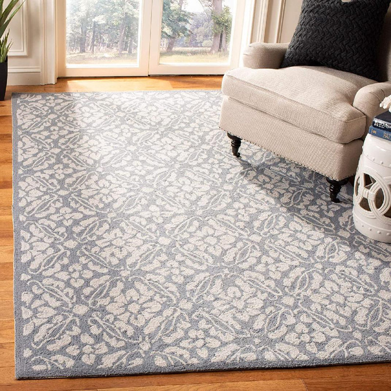 Tapis géométrique en laine noué à la main bleu, Rectangle 6 pi x 9 pi