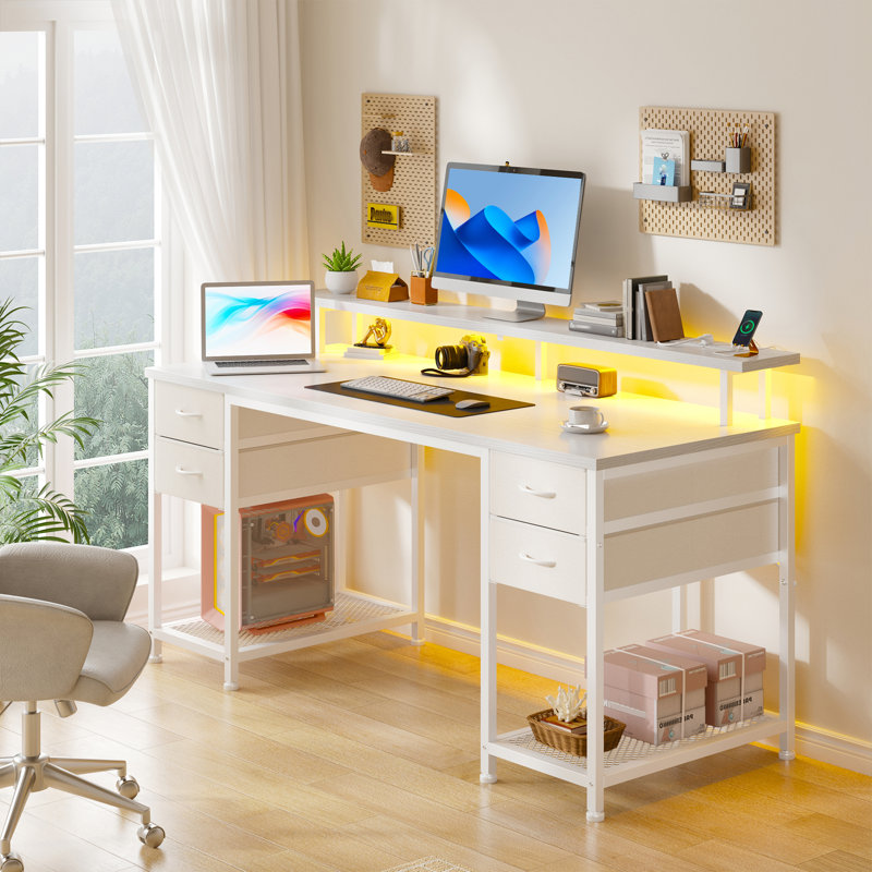 47"W Computer Desk With Charging Station & Led Lights,Office Desk With 4 Fabric Drawers & 2 Storage Shelves, White/White