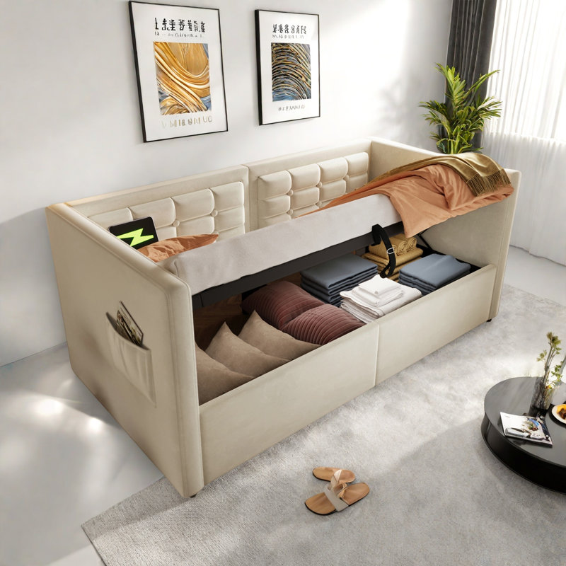 Lit de jour rembourré avec rangement hydraulique et charge USB et Type-C, Beige
