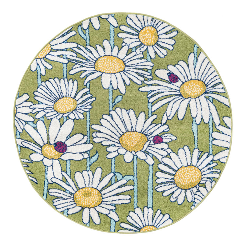 Tapis vert à motif floral Saegertown, Rond 5 pi 3 po