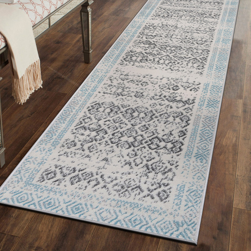 Dionta Moroccan Ivory/Gray/Blue Area Rug, Runner 2' x 7'