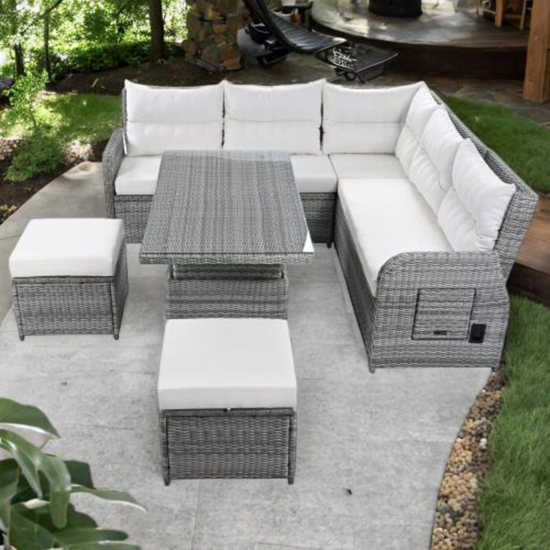 Outdoor Recliner Sofa Set With Adjustable Table, Built-In Side Tables,And Movable Ottomans, Waterproof Cushions, Sturdy Rattan Frame For Patio, Garden, Or Balcony