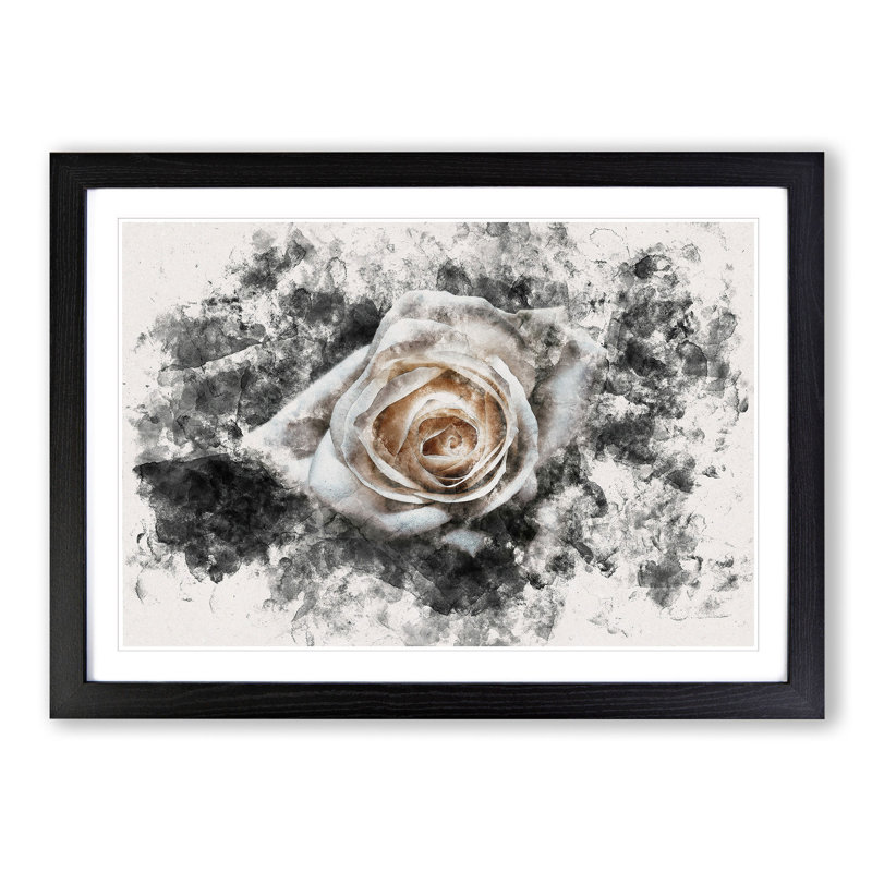 A White Rose Watercolour - Single Picture Frame Print on MDF, 36cm H x 48cm W x 2cm D, Black Framed