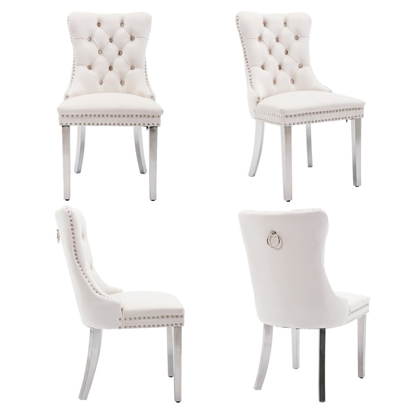 Gray Velvet Tufted Upholstered Side Chair with Silver Metal Legs, Set of 6