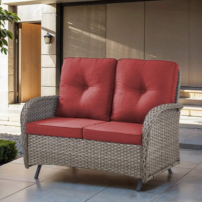 Causeuse d'extérieur en osier PE avec coussins de 49,5 po de large Gaetanino, Rouge, Gris
