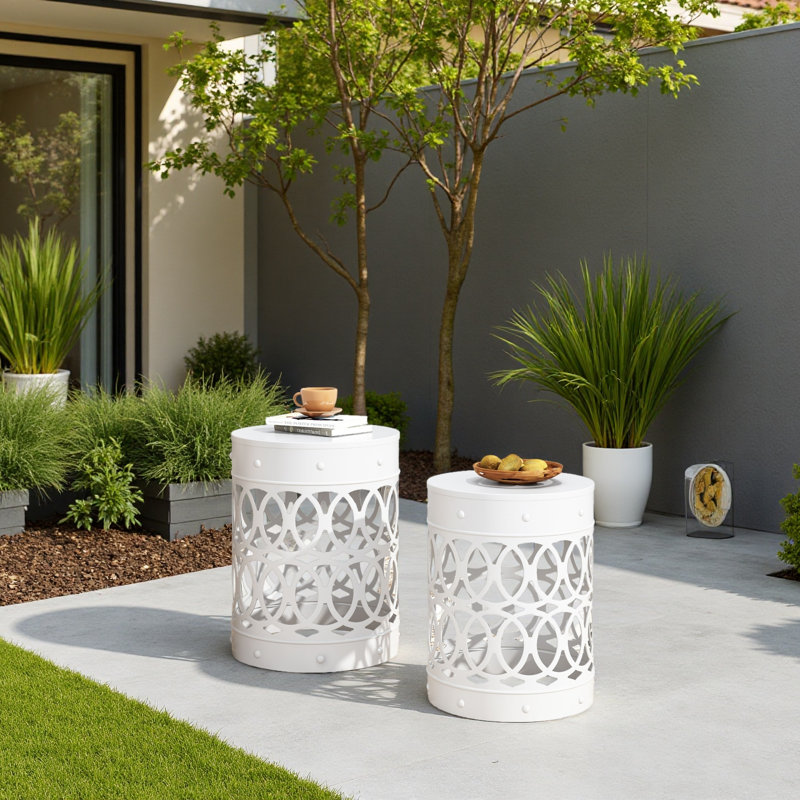 Outdoor Metal S/2 End Table, White