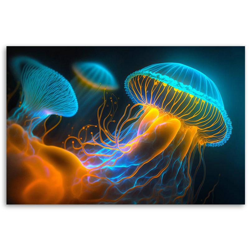 Jellyfish Underwater Neon - Wrapped Canvas Print, 80cm H x 120cm W
