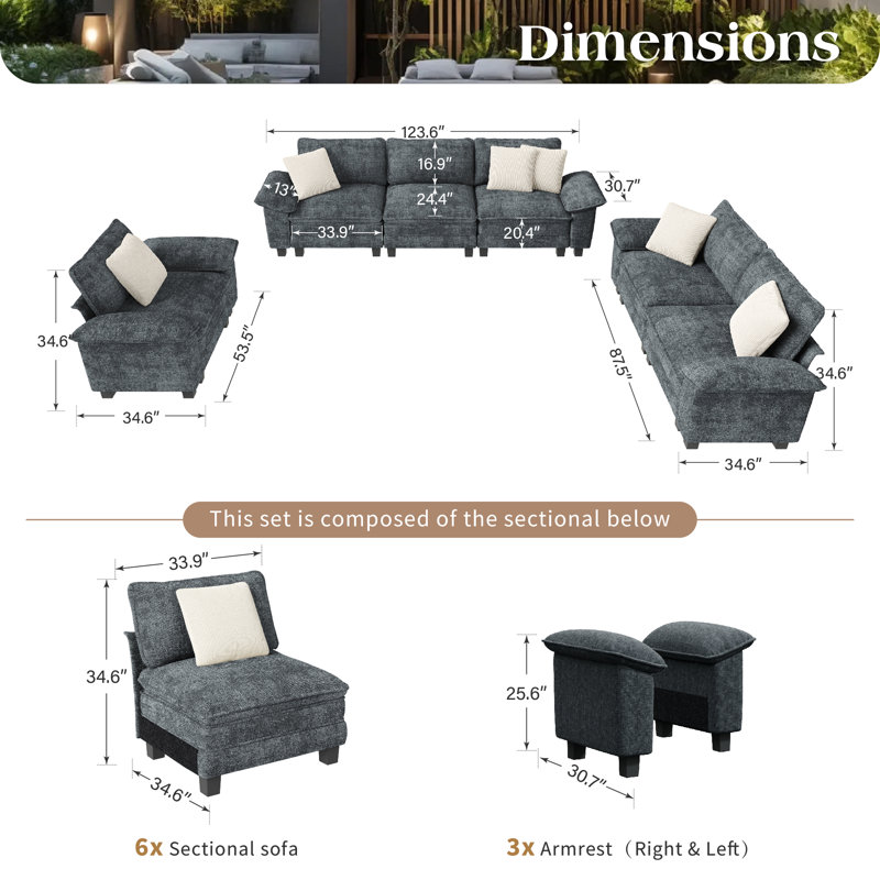 6 Piece Chenille Modular Living Room Set, Chenille Cyan
