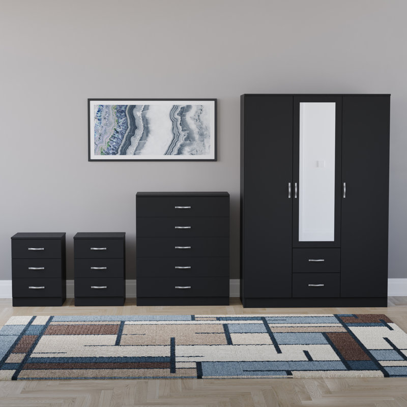Tayce 4 Piece Bedroom Set (3 Drawer Bedside Chest X2, 5 Drawer Chest, 3 Door 2 Drawer Mirrored Wardrobe), Black