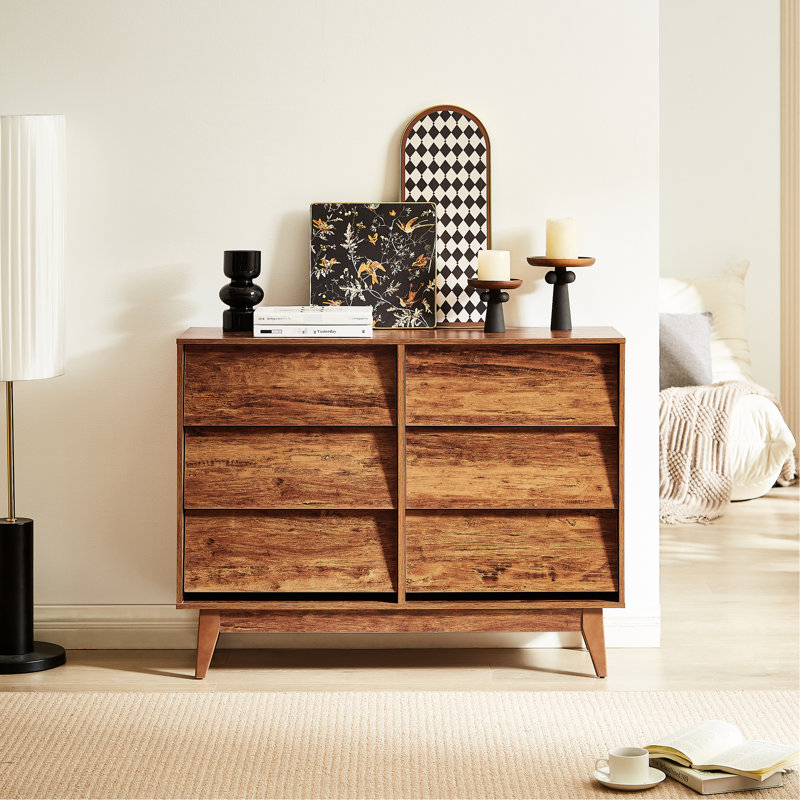 Commode double 6 tiroirs, design rétro, brun biseauté, garde-robe de salon, rangement pour chambre de bébé
