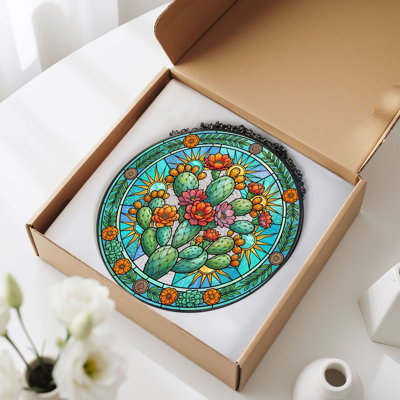 Cactus Flower Stained Glass Window Panel，7.8H