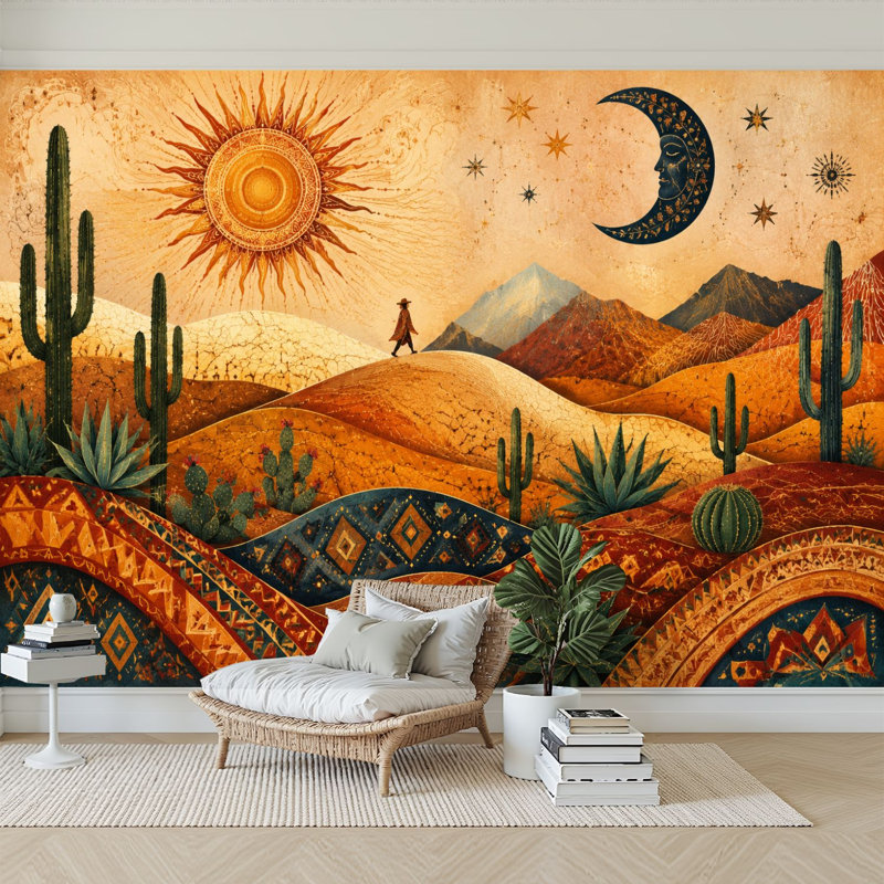 Papier peint adhésif auto-adhésif moderne pour la chambre à coucher Peel and Stick L 69 po x l 96 po - avec paysage désertique cactus soleil et lune
