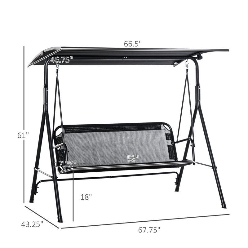 2 balancelles de jardin avec auvent inclinable - Tissu respirant, structure en acier, noir, pour le porche de divertissement extérieur 2 adultes, fonction d'inclinaison réglable, patio stable