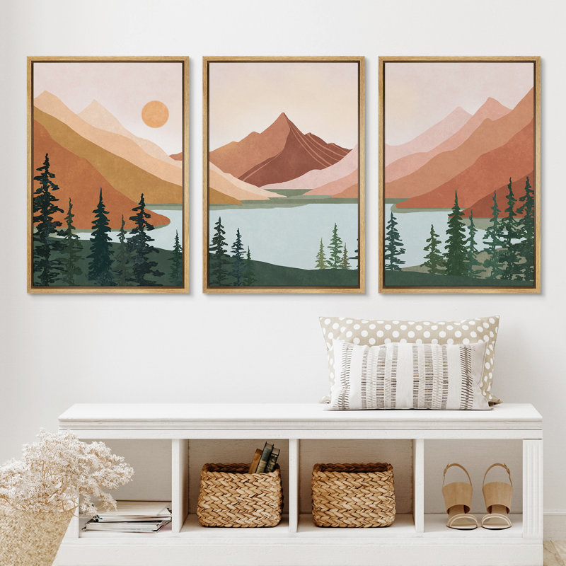 «Sun Mountain Landscape Forest Lake Abstract Minimal Nature Scene», reproduction d'art sur toile encadrée 3 pièces, Naturel