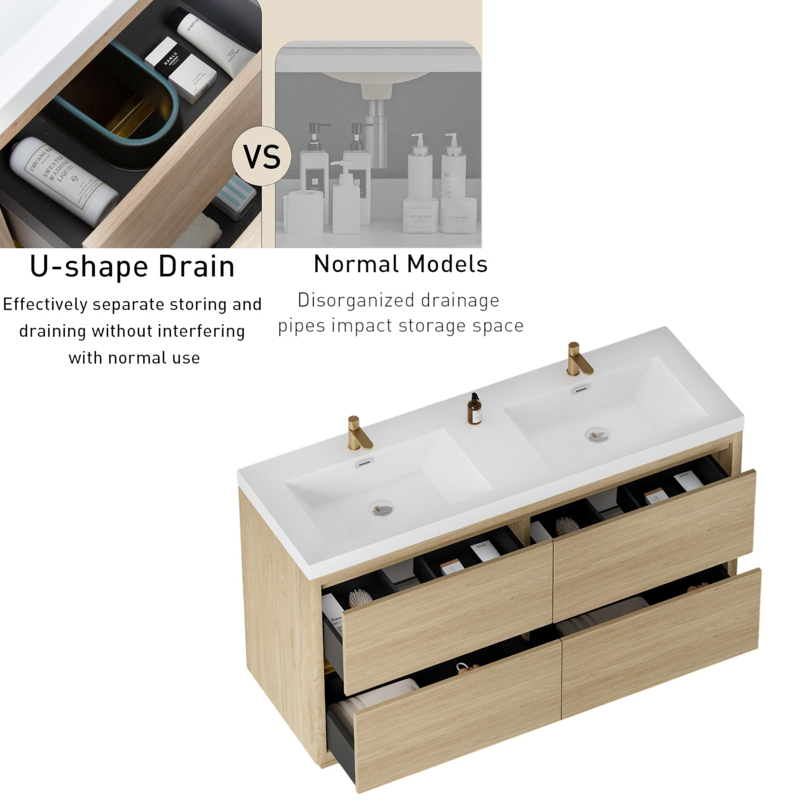 Beira 60" Double Bathroom Vanity, Oak