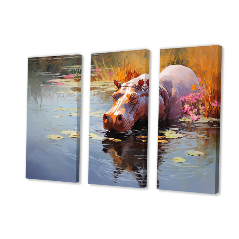 Art africain, Hippopotames Haven 1 - Hippopotame, Toile tendue, H 28 po x l 36 po