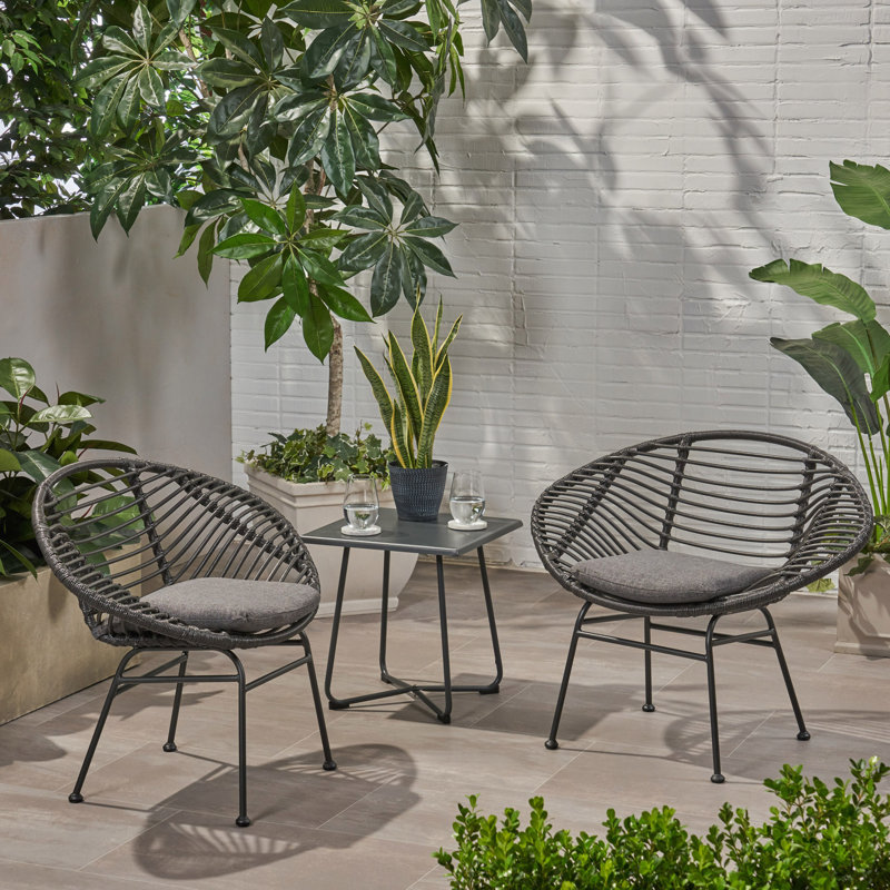 Ensemble de chaises Modern Basket, rotin tissé et acier (ensemble de 2), Gris foncé, Noir