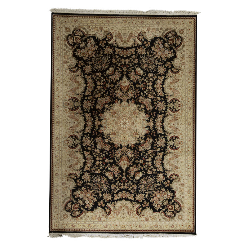 Tapis noir et ivoire de haute qualité noué à la main
