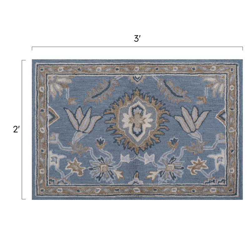 Greer Hand-Tufted Microloop Pile Wool Traditional Medallions Area Rug Blue Tan Ivory, Rectangle 2' x 3'