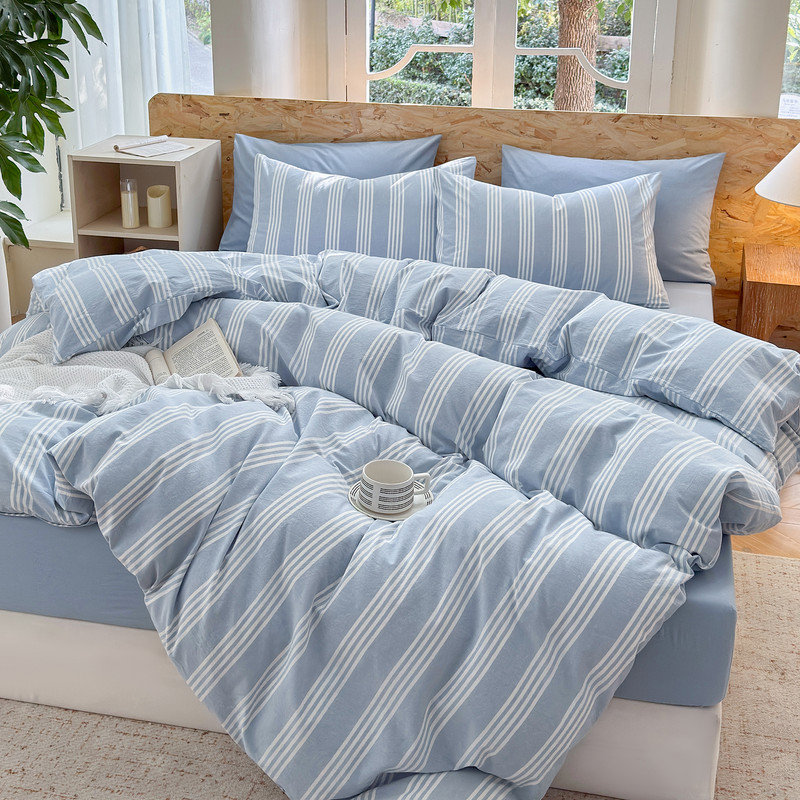 DONEUS Striped Duvet Cover Set 100% Washed Cotton Linen Like Soft Feelling 3 Pieces Bedding Set, Cornflower Blue/White