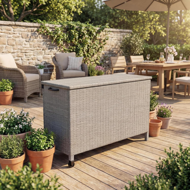 125 Gallon Outdoor Wicker Deck Box, PE Rattan Patio Storage with Steel Frame, Lockable Lid, Gray