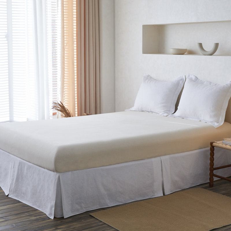 French Linen Wrap Around Bed Skirt with Pleated Corner Drop, Queen, White, 18