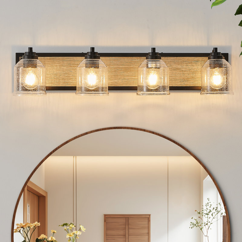 Miroir de salle de bain 4 lumières avec abat-jour en verre grainé et auvent en grain de bois Farmhouse, Quatre lumières