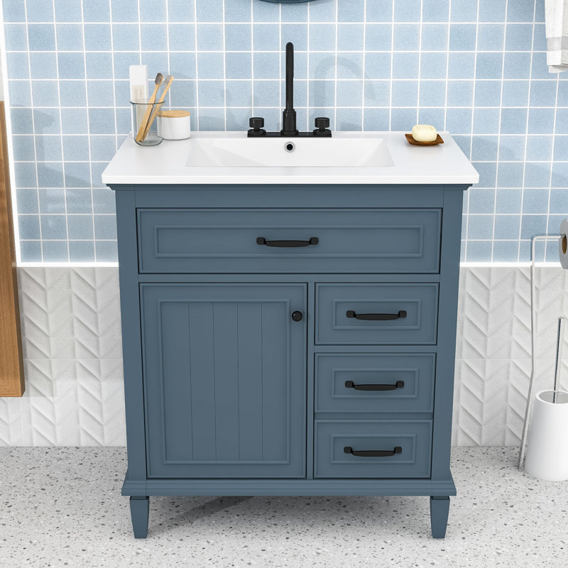 Meuble-lavabo moderne avec charnières à fermeture douce et tablette réglable, Bleu gris