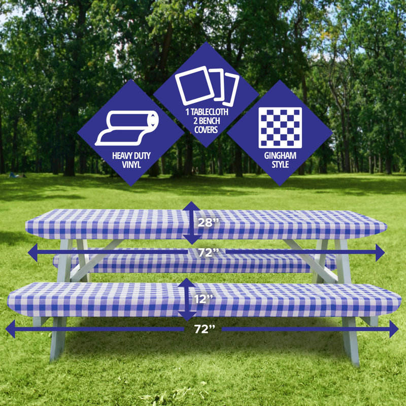 Vinyl Gingham 3 Pcs Tablecloth, Blue, 72'' L x 30'' W