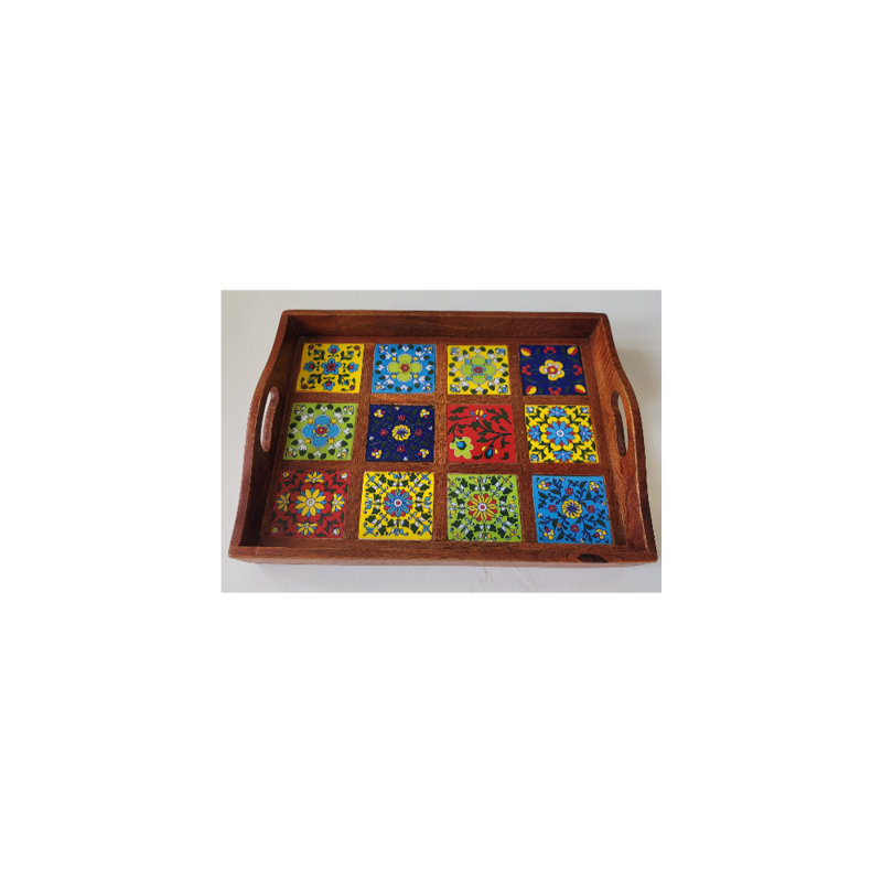 Serving Tray - Decorative Ceramic Tile Mounted Tray With Handles For Farmhouse Style & Décor (15x12x3 Inches)
