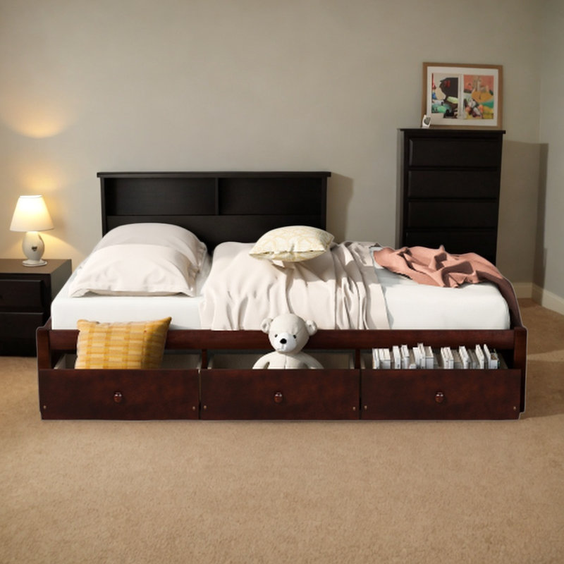 Ilah Twin Bed Platform Storage Bed Frame with 3 Drawers, Cherry
