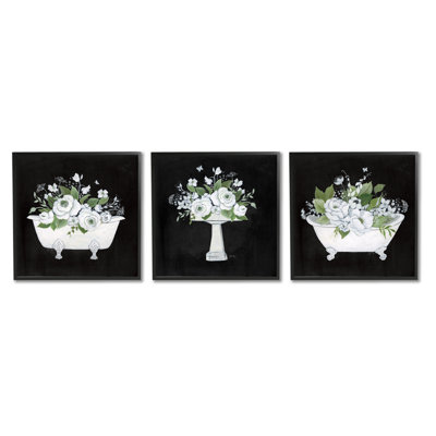«A3-220-Rustic Bathroom Florals» encadré sur bois par 3 pièces par Janet Tava