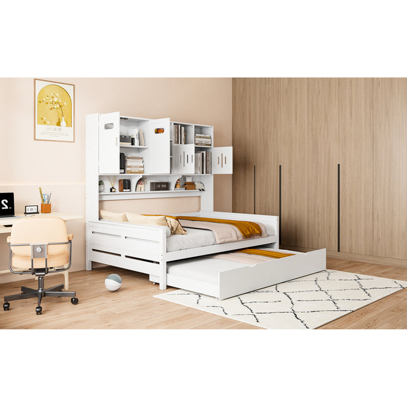Lit de jour double en bois avec lit gigogne simple, tablette - armoire moderne et taille Design, blanc, Pin, Lit double