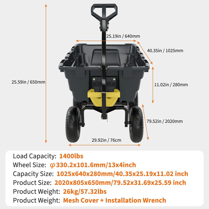1400lbs 7Cu.Ft. Garden Dump Cart Tow Behind with 2-in-1 Convertible Handle and 13in All Terrain Wheels Heavy Duty Poly Pull Behind Yard Dump Wagon ATV Trailer for Lawn Mower Tractor
