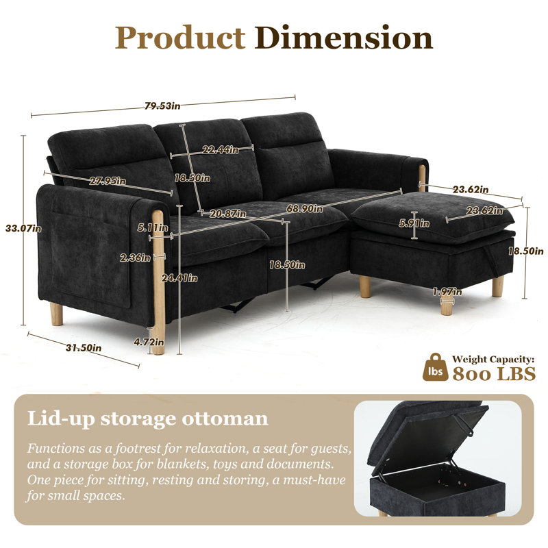 79" Modern Sectional Sofa,L-Shape Chenille Couch with Storage Ottoman,Upholstered Sofa with Side Pockets for Living Room,Apartment