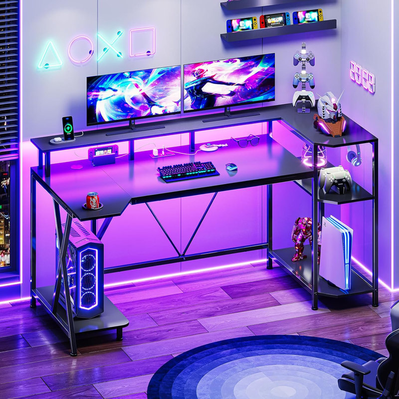 Bureau d'ordinateur 55 po avec lumières DEL, Noir
