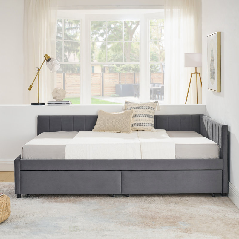Structure de lit tapissier avec rangement, dossier et accoudoirs confortables, gris Velvet, Gris