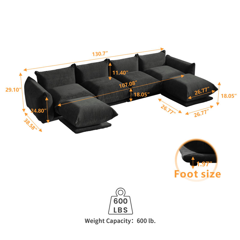 Canapé modulaire rembourré en tissu et chenille 4 places Minarik, Chenille gris anthracite