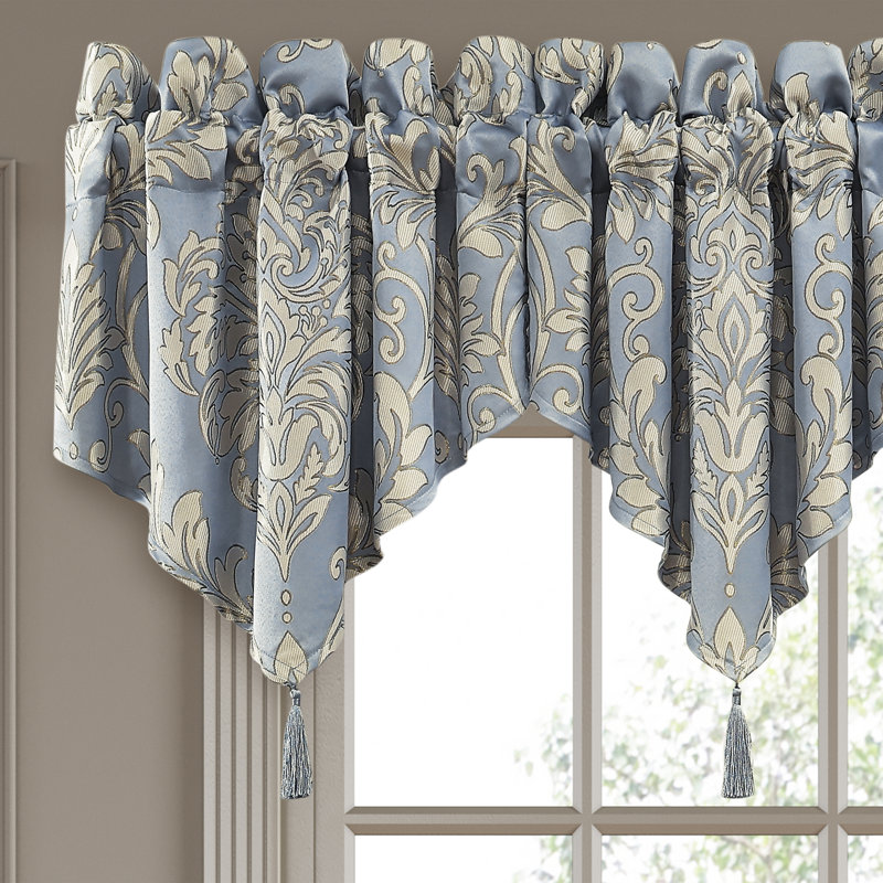 Elegant Blue and Cream Damask Window Scarf with Tassel Trim